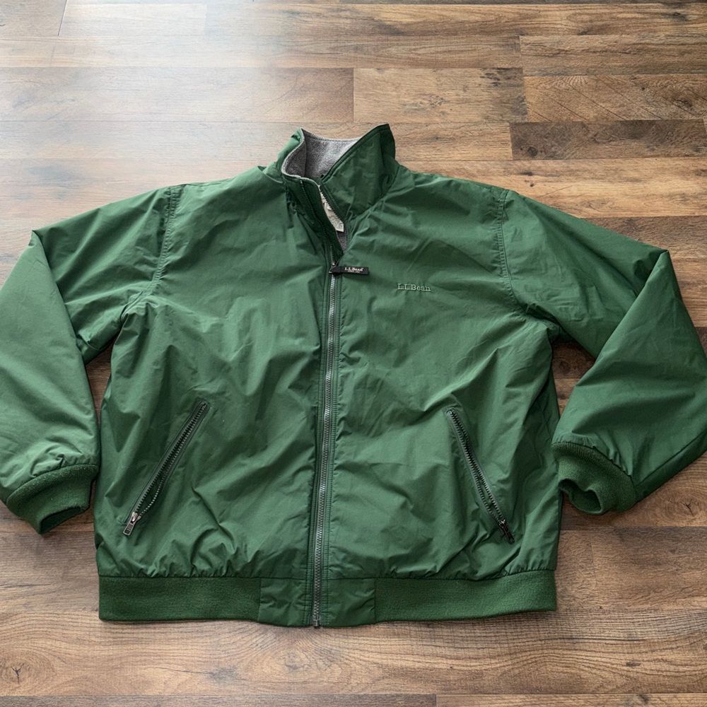 L.L.Bean Warm Up Jacket Fleece Lined Full Zipper Rain Wind Nylon Green XL